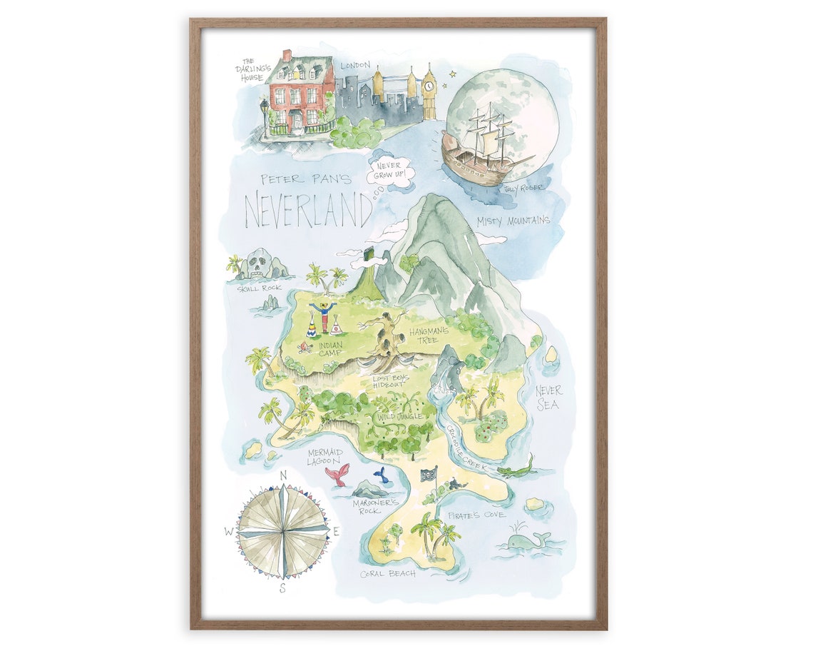 Peter Pan's Neverland Watercolor Map Art Print