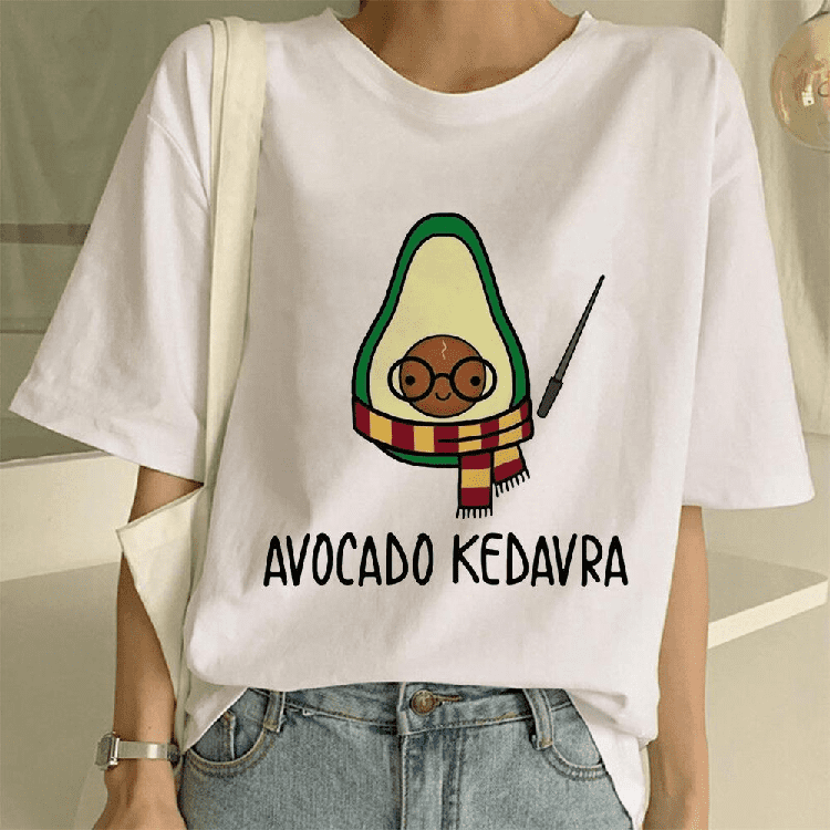 Cute Avocado Kedavra Printed Short Sleeve Round Neck White Casual T-Shirt Top