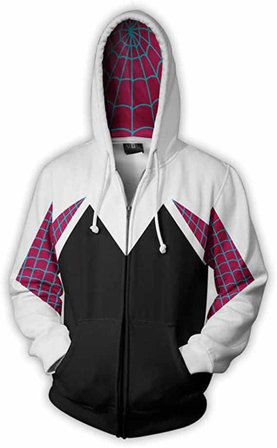 Wsysnl Cos Spider Gwen Superhero 3D Style Zipper Hooded Sweatshirt